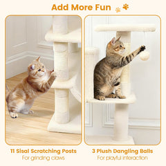 66 Inch Cat Tree with Two Condos, Eleven Sisal Posts and a Turning Basket