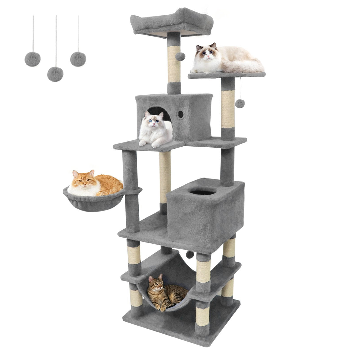66 Inch Light Grey Cat Tree with Two Condos, a Hammock and a Skylight