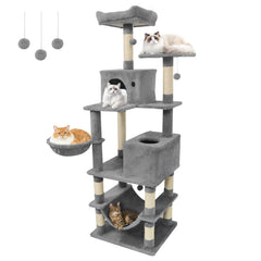 66 Inch Light Grey Cat Tree with Two Condos, a Hammock and a Skylight