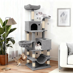66 Inch Light Grey Cat Tree with Two Condos, a Hammock and a Skylight