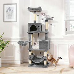 66 Inch Light Grey Cat Tree with Two Condos, a Hammock and a Skylight