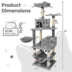 66 Inch Light Grey Cat Tree with Two Condos, a Hammock and a Skylight