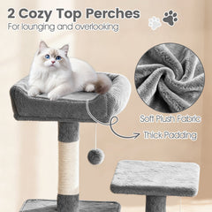 66 Inch Light Grey Cat Tree with Two Condos, a Hammock and a Skylight