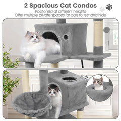 66 Inch Light Grey Cat Tree with Two Condos, a Hammock and a Skylight