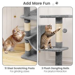 66 Inch Light Grey Cat Tree with Two Condos, a Hammock and a Skylight