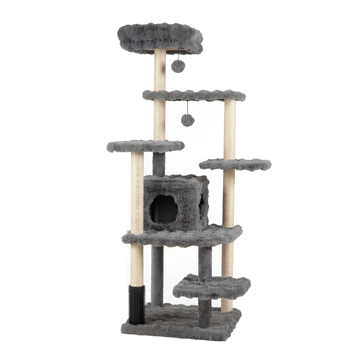 67 Inch Grey Cat Tree with a Two Door Condo, Built in Brush and Sisal Posts