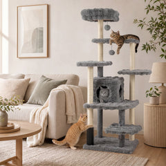 67 Inch Grey Cat Tree with a Two Door Condo, Built in Brush and Sisal Posts
