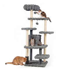 67 Inch Grey Cat Tree with a Two Door Condo, Built in Brush and Sisal Posts