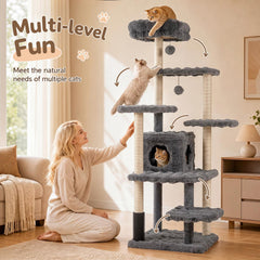 67 Inch Grey Cat Tree with a Two Door Condo, Built in Brush and Sisal Posts