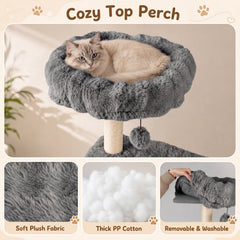 67 Inch Grey Cat Tree with a Two Door Condo, Built in Brush and Sisal Posts