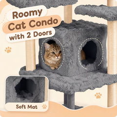 67 Inch Grey Cat Tree with a Two Door Condo, Built in Brush and Sisal Posts
