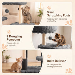 67 Inch Grey Cat Tree with a Two Door Condo, Built in Brush and Sisal Posts