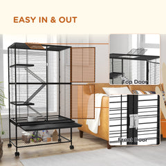 Rolling Small Animal Cage 34"H Chinchilla Cage for Ferrets, Squirrels w/ Removable Tray, Storage Shelf, Black
