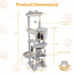 69 Inch Cat Tree with a Rotating Basket, Deep Hammock and Sisal Lever Toy