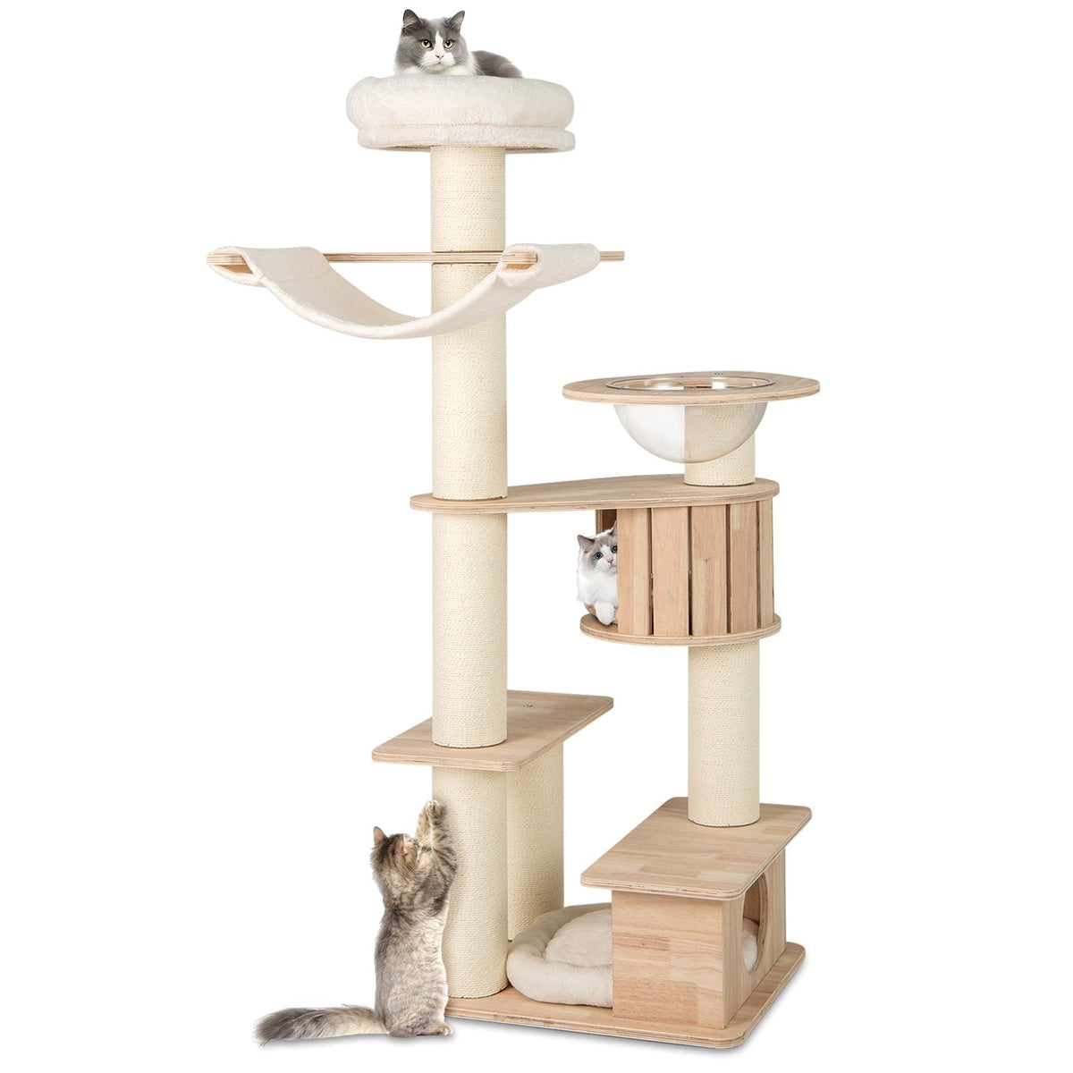 69 Inch Rubber Wood Cat Tree with a Space Capsule, U Hammock and Two Condos