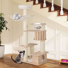 69 Inch Rubber Wood Cat Tree with a Space Capsule, U Hammock and Two Condos