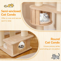 69 Inch Rubber Wood Cat Tree with a Space Capsule, U Hammock and Two Condos