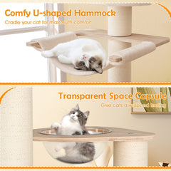 69 Inch Rubber Wood Cat Tree with a Space Capsule, U Hammock and Two Condos