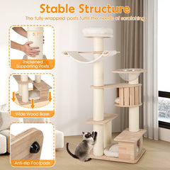 69 Inch Rubber Wood Cat Tree with a Space Capsule, U Hammock and Two Condos