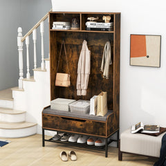 69 Inches Tall Hall Tree 4-in-1 Coat Rack with Seat Cushion and Shoe Storage-Rustic Brown