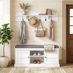 2 in 1 Coat Rack Shoe Bench Set with 6 Hooks and Shoe Storage Bench, White and Grey