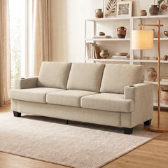 3 Seater Sofa with USB Ports & Cup Holders, Chenille-Feel Upholstered Couch for Living Room, Grey
