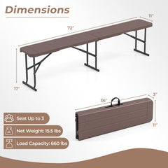 6 Feet Plastic Folding Bench Picnic Camping Dining Seat with Carrying Handle-coffee