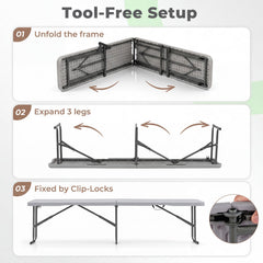 6 Feet Plastic Folding Bench Picnic Camping Dining Seat with Carrying Handle-Light Gray