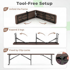 6 Feet Plastic Folding Bench Picnic Camping Dining Seat with Carrying Handle-Brown