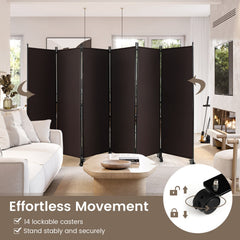6 Panel 5.7 Feet Tall Rolling Room Divider on Wheels-Walnut