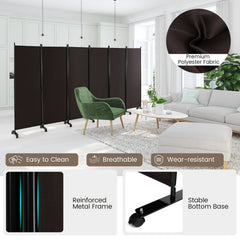 6 Panel 5.7 Feet Tall Rolling Room Divider on Wheels-Walnut