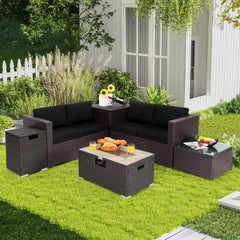 6 Piece Wicker Patio Conversation Set with 32 in Propane Fire Pit Table, Black Cushions
