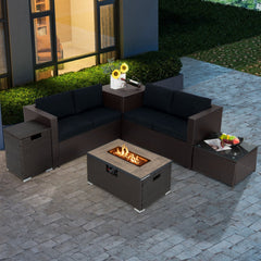 6 Piece Wicker Patio Conversation Set with 32 in Propane Fire Pit Table, Black Cushions