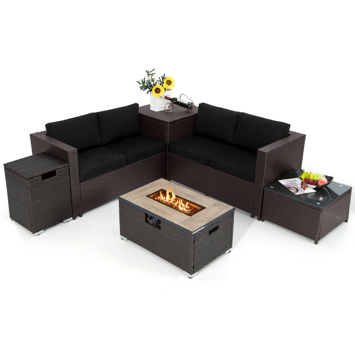 6 Piece Wicker Patio Conversation Set with 32 in Propane Fire Pit Table, Black Cushions