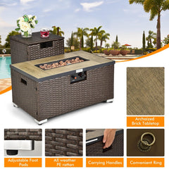 6 Piece Wicker Patio Conversation Set with 32 in Propane Fire Pit Table, Black Cushions