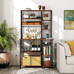 6-Tier Bakers Rack with Power Outlet Stand Wooden Open Shelves-Rusticbrown