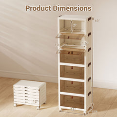 6-Tier Stackable Shoe Box with Lid Doors and Lockable Wheels-White