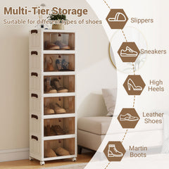 6-Tier Stackable Shoe Box with Lid Doors and Lockable Wheels-White