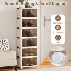 6-Tier Stackable Shoe Box with Lid Doors and Lockable Wheels-White