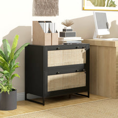 2-Drawer Filing Cabinet with Lock, Rattan File Cabinet with Adjustable Hanging Bar, Natural