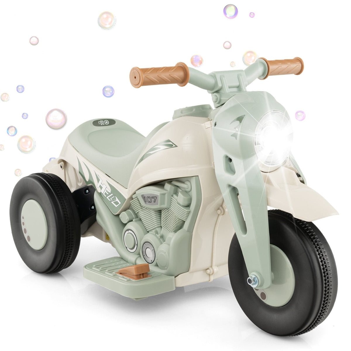 6V 3 Wheel Kids Ride On Motorcycle with Bubble Maker and LED Headlight, Beige
