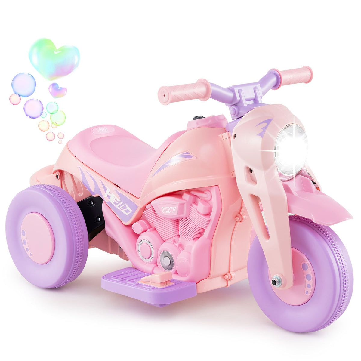 6V 3 Wheel Kids Ride On Bubble Motorcycle with 1.5 Hour Playing Time, Pink and Purple