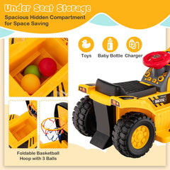 6V Kids Ride On Bulldozer with Folding Basketball Hoop, 3 Balls and Adjustable Bucket