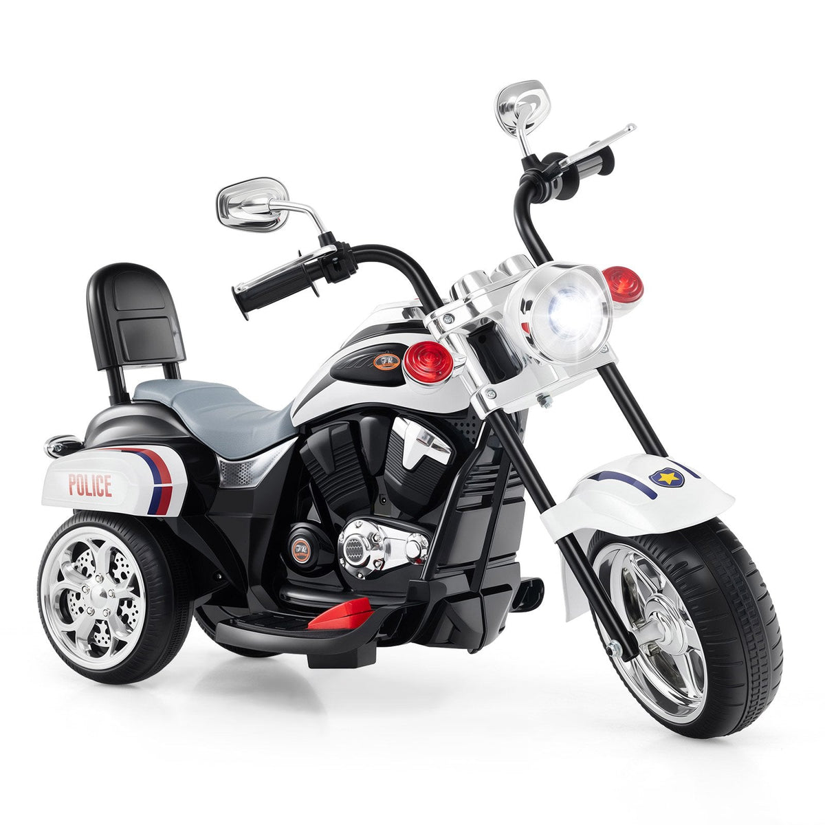 6V 3 Wheel Toddler Chopper Motorbike in Police Livery with Adjustable Headlight, Black and White