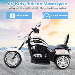 6V 3 Wheel Toddler Chopper Motorbike in Police Livery with Adjustable Headlight, Black and White