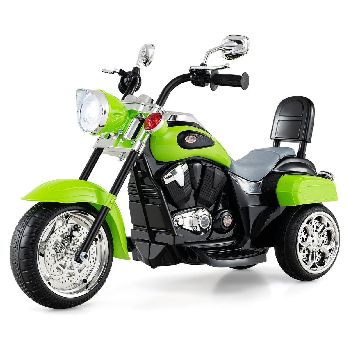 6V 3 Wheel Toddler Chopper Motorbike with Wide Saddle, Backrest and Mirrors, Green
