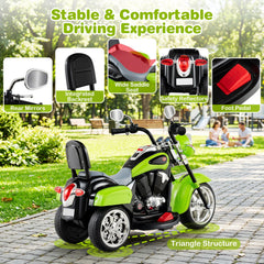 6V 3 Wheel Toddler Chopper Motorbike with Wide Saddle, Backrest and Mirrors, Green