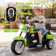 6V 3 Wheel Toddler Chopper Motorbike with Wide Saddle, Backrest and Mirrors, Green