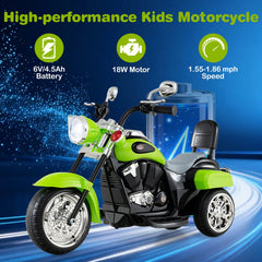 6V 3 Wheel Toddler Chopper Motorbike with Wide Saddle, Backrest and Mirrors, Green