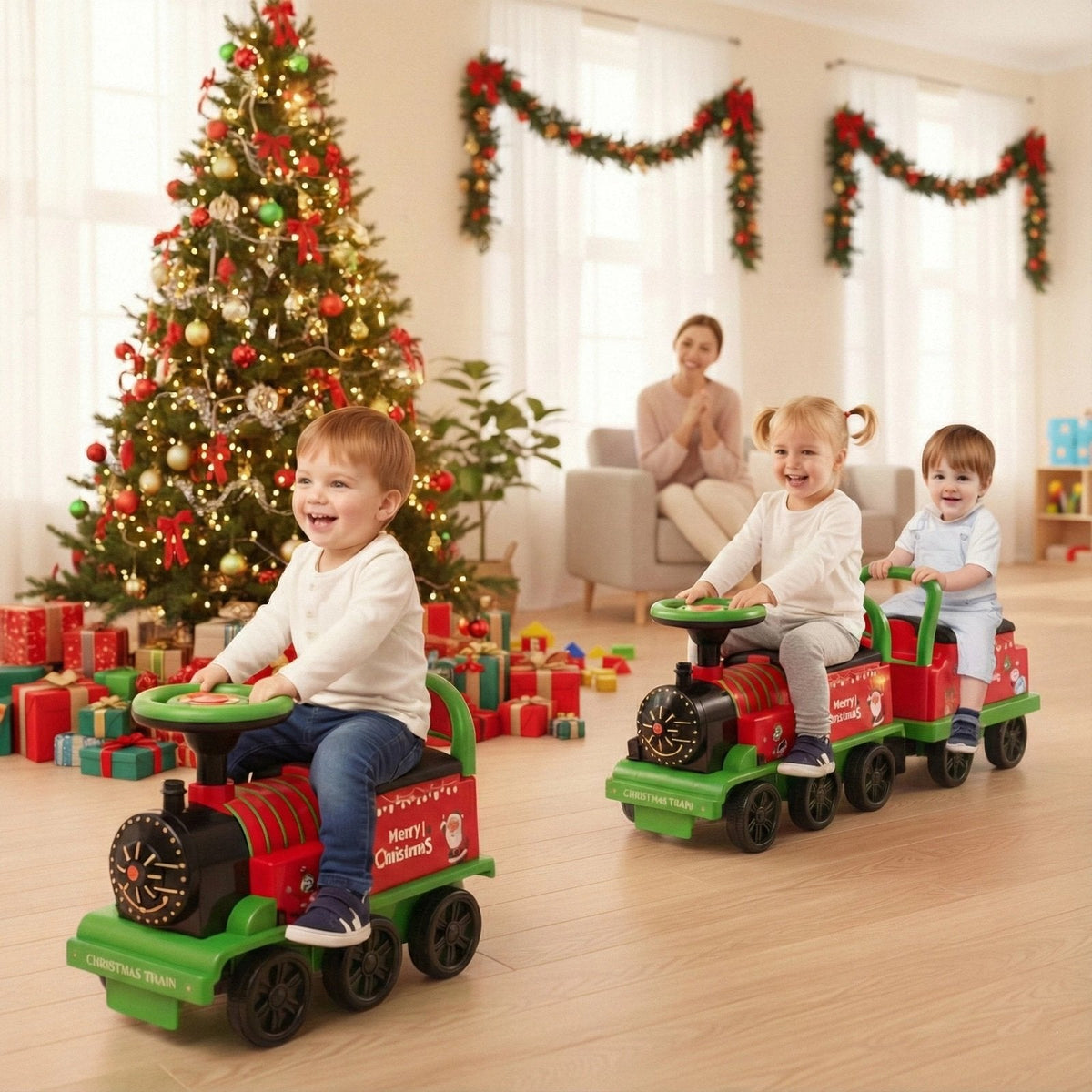 6V Kids Ride On Train Bundle: 16 Piece Track Train Plus 2 Seater Train with Carriage